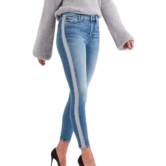 7 For All Mankind High Waist Ankle Skinny Blue Denim Silver Stripe Y2K Jeans 24 - Picture 1 of 15